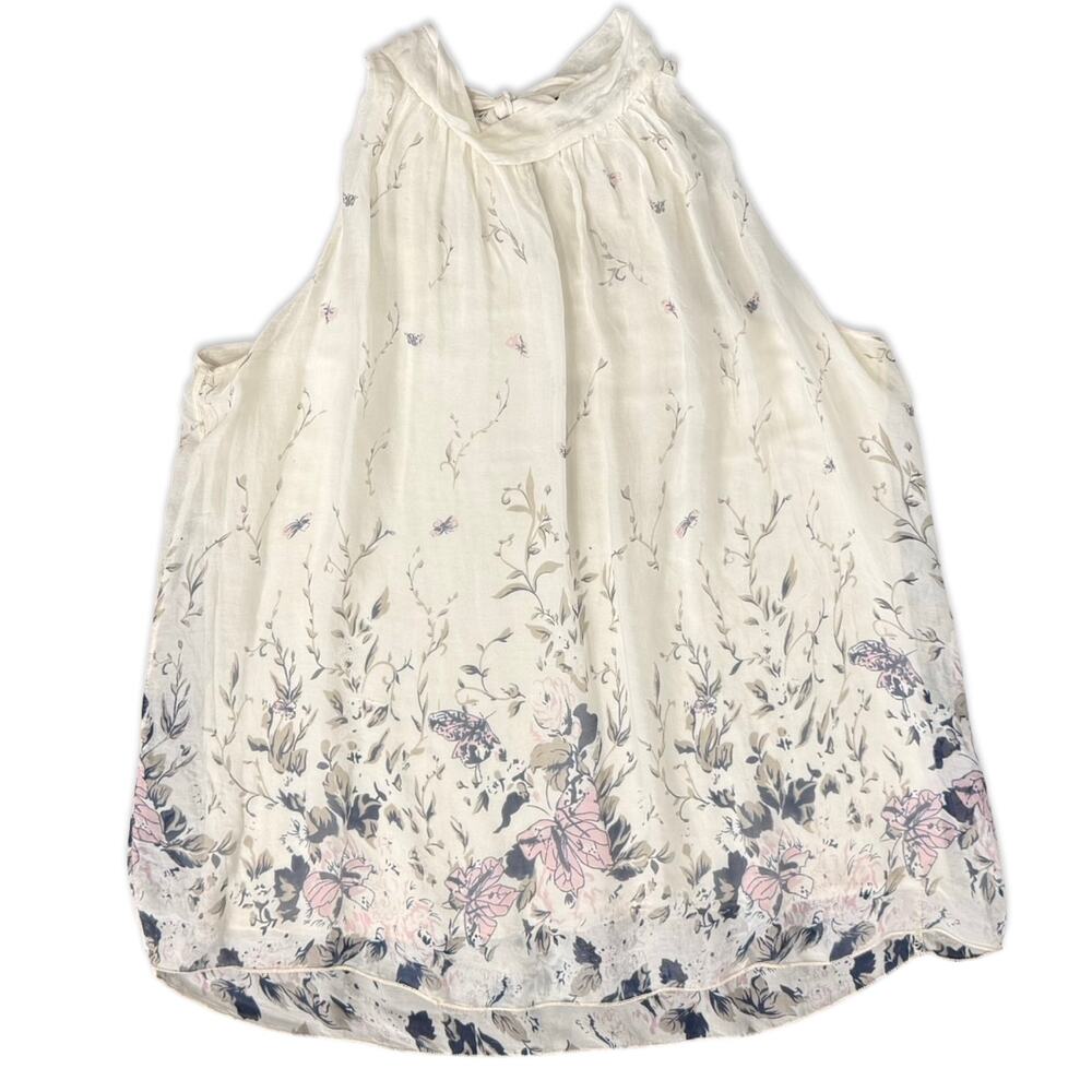 Via Signoria Cream Floral Purple Green Flowers Silk Sleeveless Halter Top size M